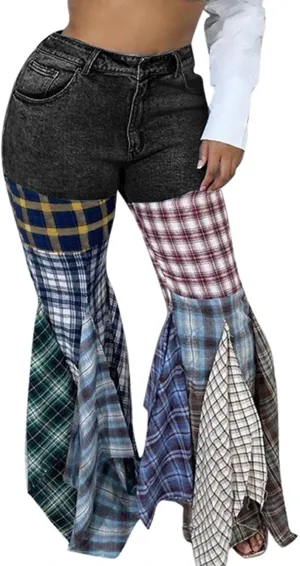 Tcremisa Flare Jeans for Women Stretch High Waisted Plaid Bell Bottoms Patchwork Denim Pants