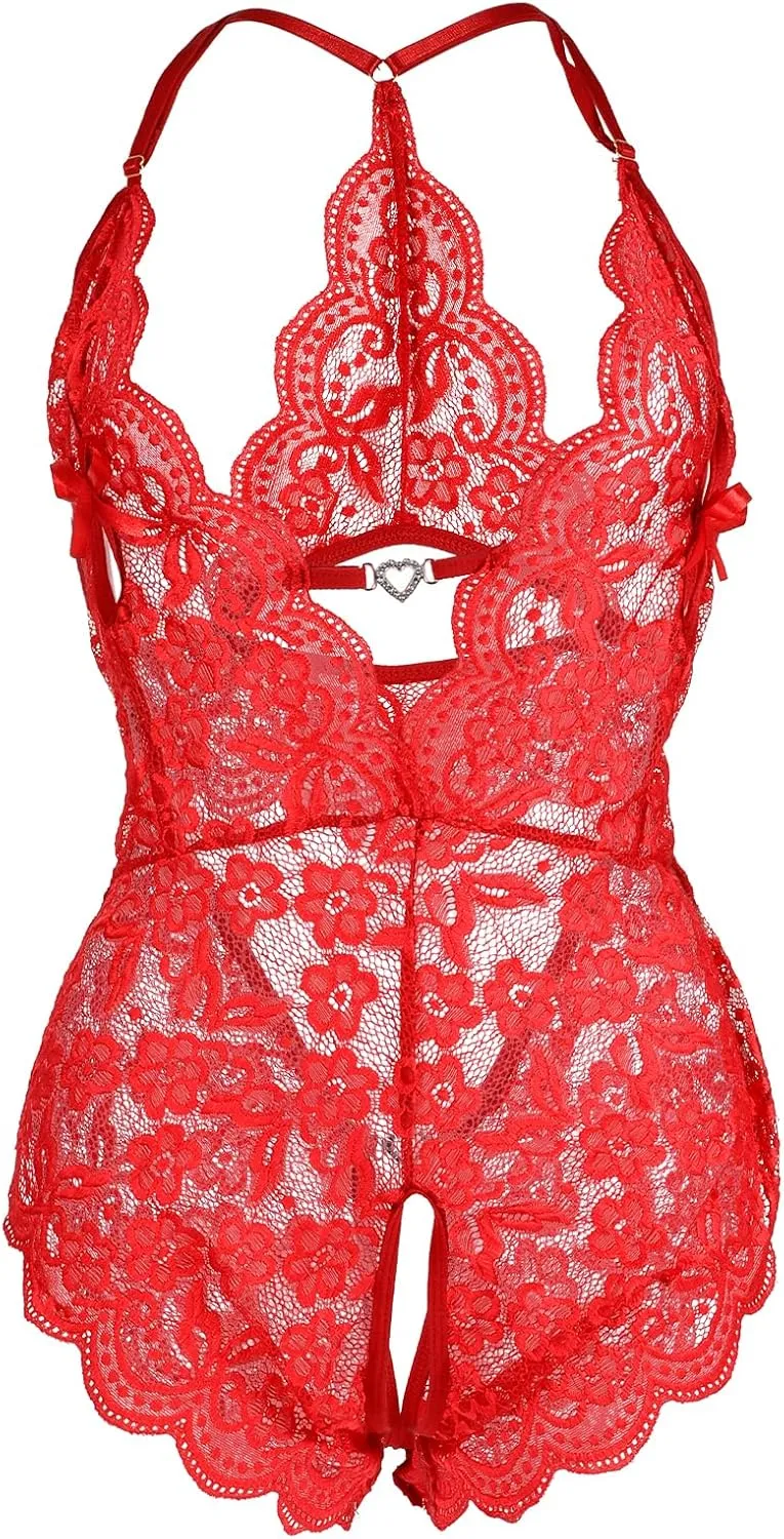 Teddy Lingerie For Women Sexy Red Black Lace Deep V Sheer Lingerie Bodysuit Floral Nightgown One Piece