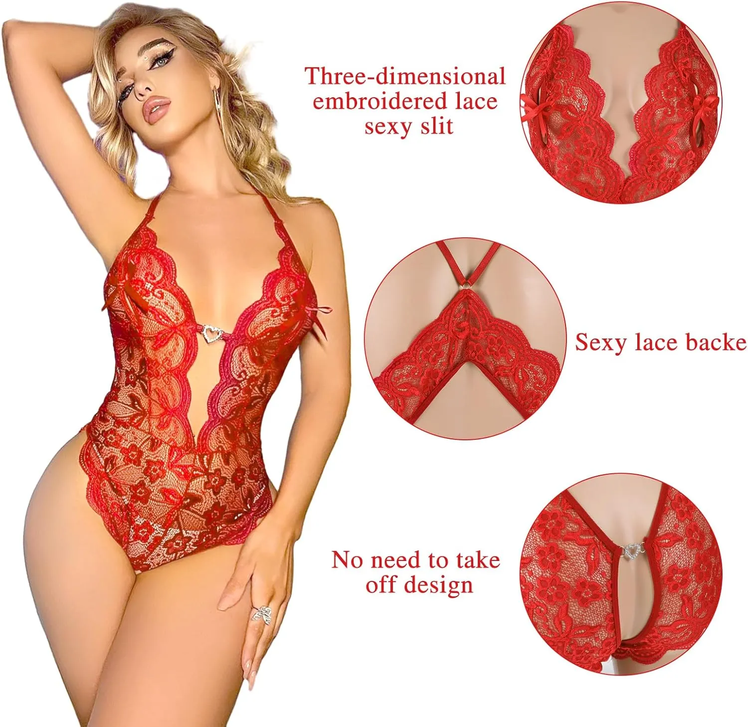 Teddy Lingerie For Women Sexy Red Black Lace Deep V Sheer Lingerie Bodysuit Floral Nightgown One Piece
