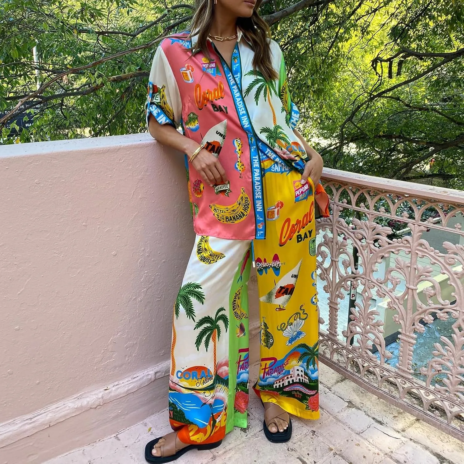 Tempura Womens 2 Piece Linen Sets Short Sleeve Button Down Shirt Wide Leg Pants Lounge Sets Boho Print Summer Matching Sets