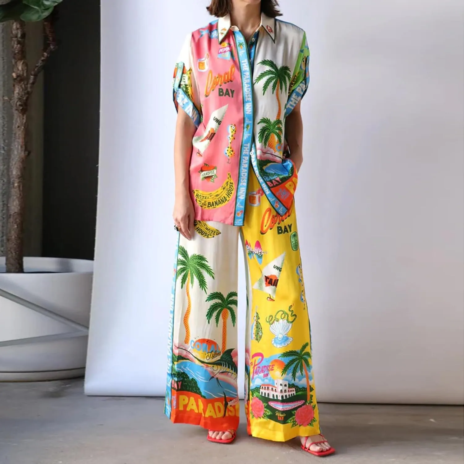 Tempura Womens 2 Piece Linen Sets Short Sleeve Button Down Shirt Wide Leg Pants Lounge Sets Boho Print Summer Matching Sets