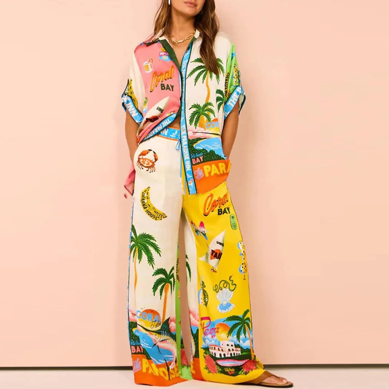 Tempura Womens 2 Piece Linen Sets Short Sleeve Button Down Shirt Wide Leg Pants Lounge Sets Boho Print Summer Matching Sets