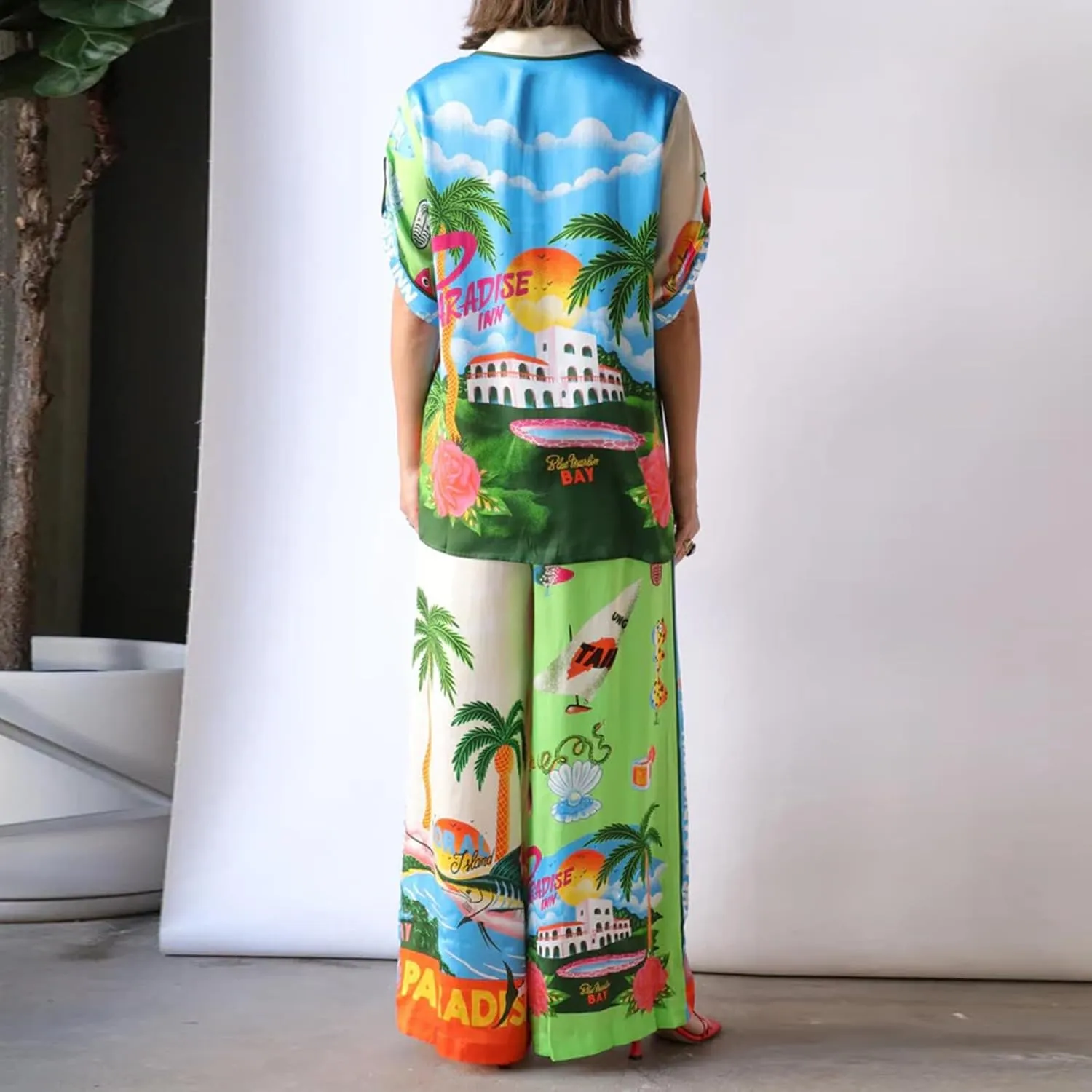 Tempura Womens 2 Piece Linen Sets Short Sleeve Button Down Shirt Wide Leg Pants Lounge Sets Boho Print Summer Matching Sets
