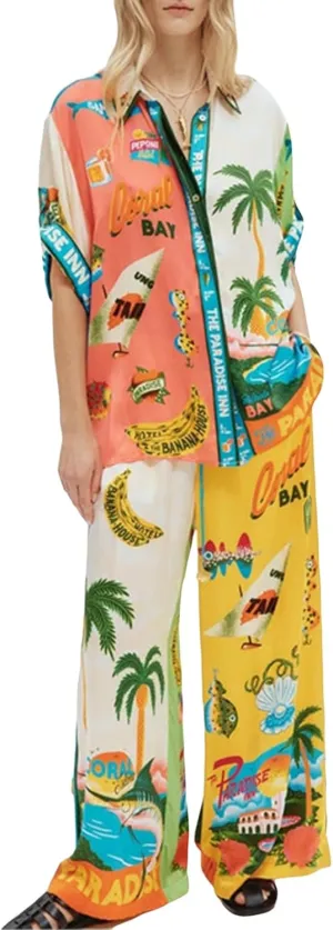 Tempura Womens 2 Piece Linen Sets Short Sleeve Button Down Shirt Wide Leg Pants Lounge Sets Boho Print Summer Matching Sets