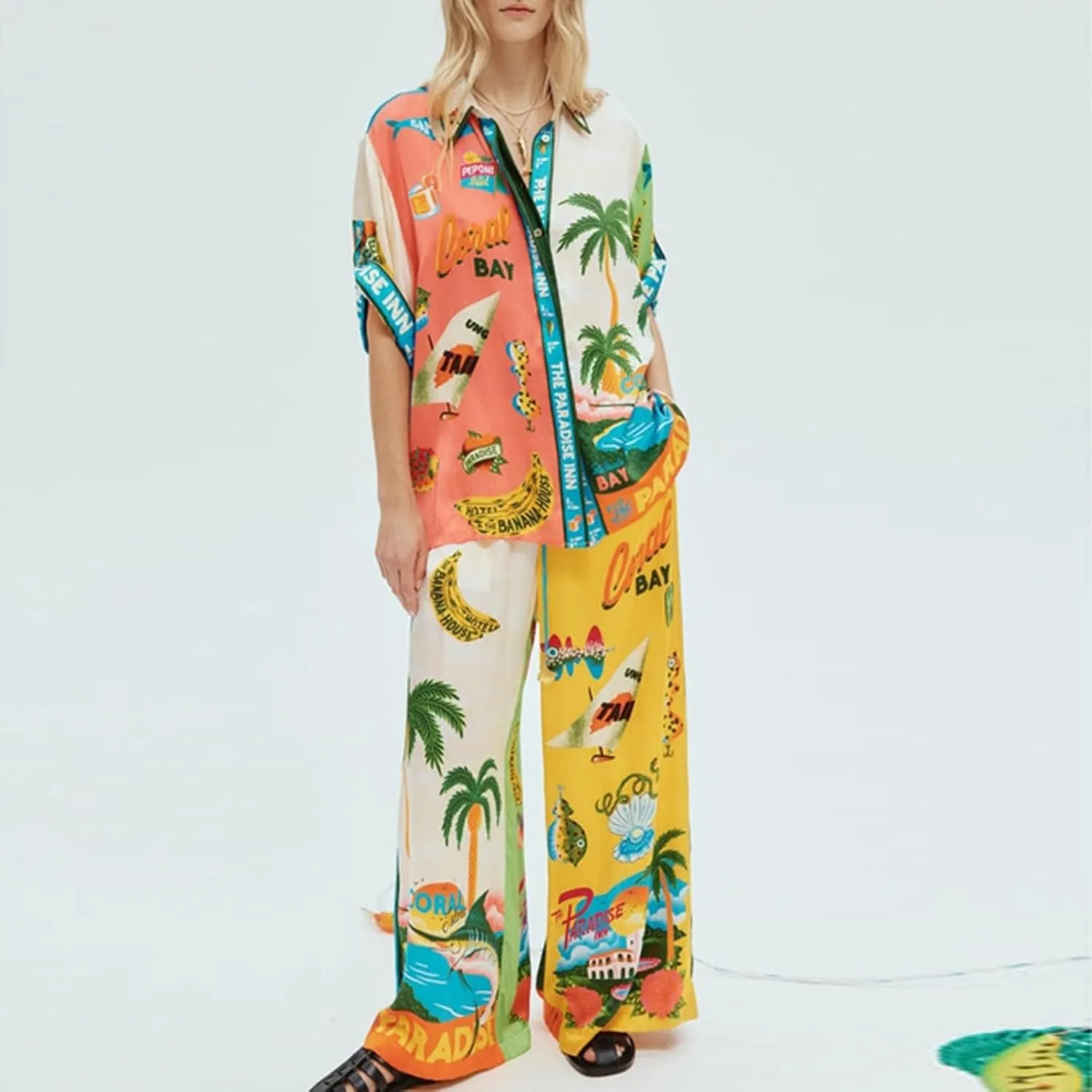 Tempura Womens 2 Piece Linen Sets Short Sleeve Button Down Shirt Wide Leg Pants Lounge Sets Boho Print Summer Matching Sets