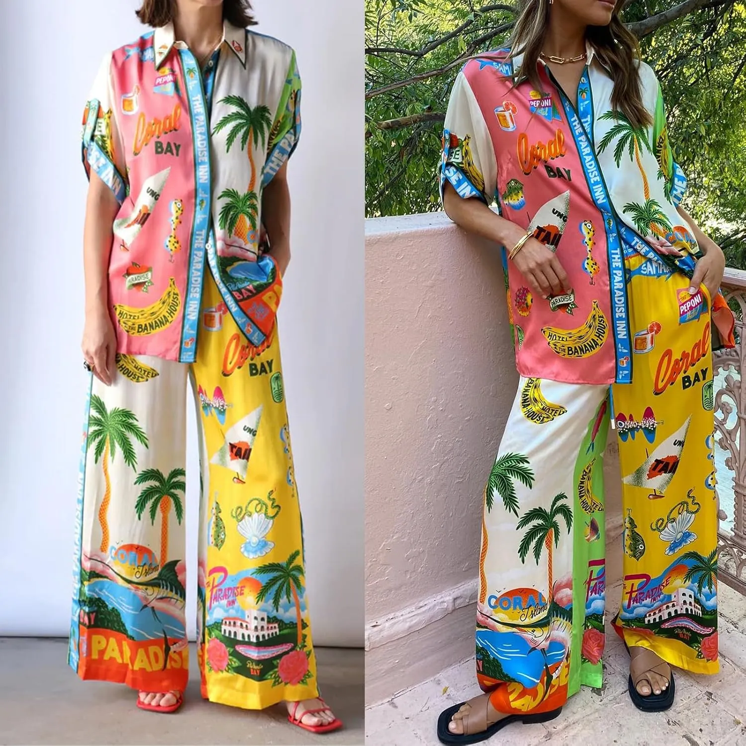 Tempura Womens 2 Piece Linen Sets Short Sleeve Button Down Shirt Wide Leg Pants Lounge Sets Boho Print Summer Matching Sets
