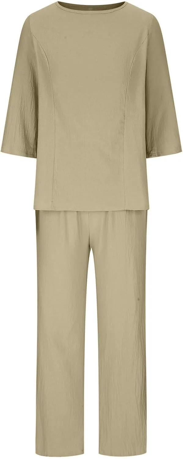 TIAFORD Women 2 Piece Outfits Crewneck Casual Cotton Linen Set Half Sleeve Top Wide Leg Pants Lounge Sets with Pockets