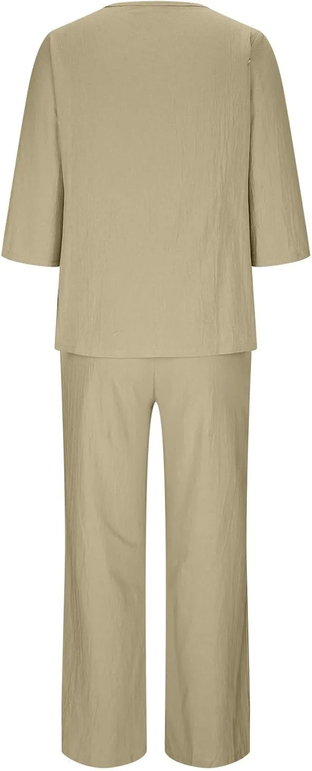 TIAFORD Women 2 Piece Outfits Crewneck Casual Cotton Linen Set Half Sleeve Top Wide Leg Pants Lounge Sets with Pockets