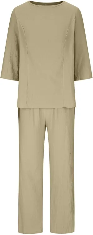 TIAFORD Women 2 Piece Outfits Crewneck Casual Cotton Linen Set Half Sleeve Top Wide Leg Pants Lounge Sets with Pockets