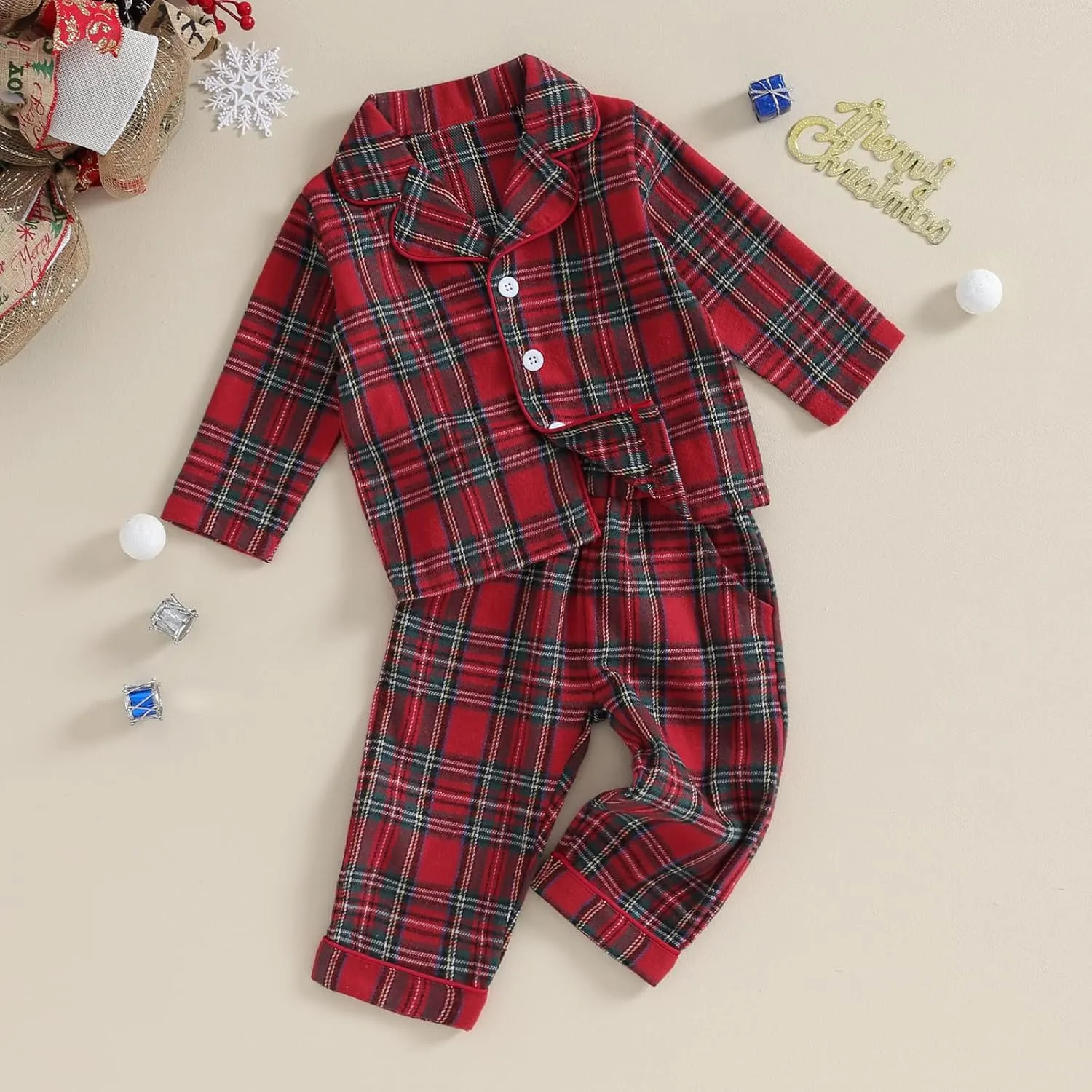 Toddler Boys Girls Christmas Pajamas Santa Plaid Long Sleeves Shirt Pajama Pants Set Kids Satin Silk Nightgown Outfit