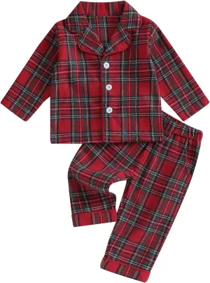 Toddler Boys Girls Christmas Pajamas Santa Plaid Long Sleeves Shirt Pajama Pants Set Kids Satin Silk Nightgown Outfit