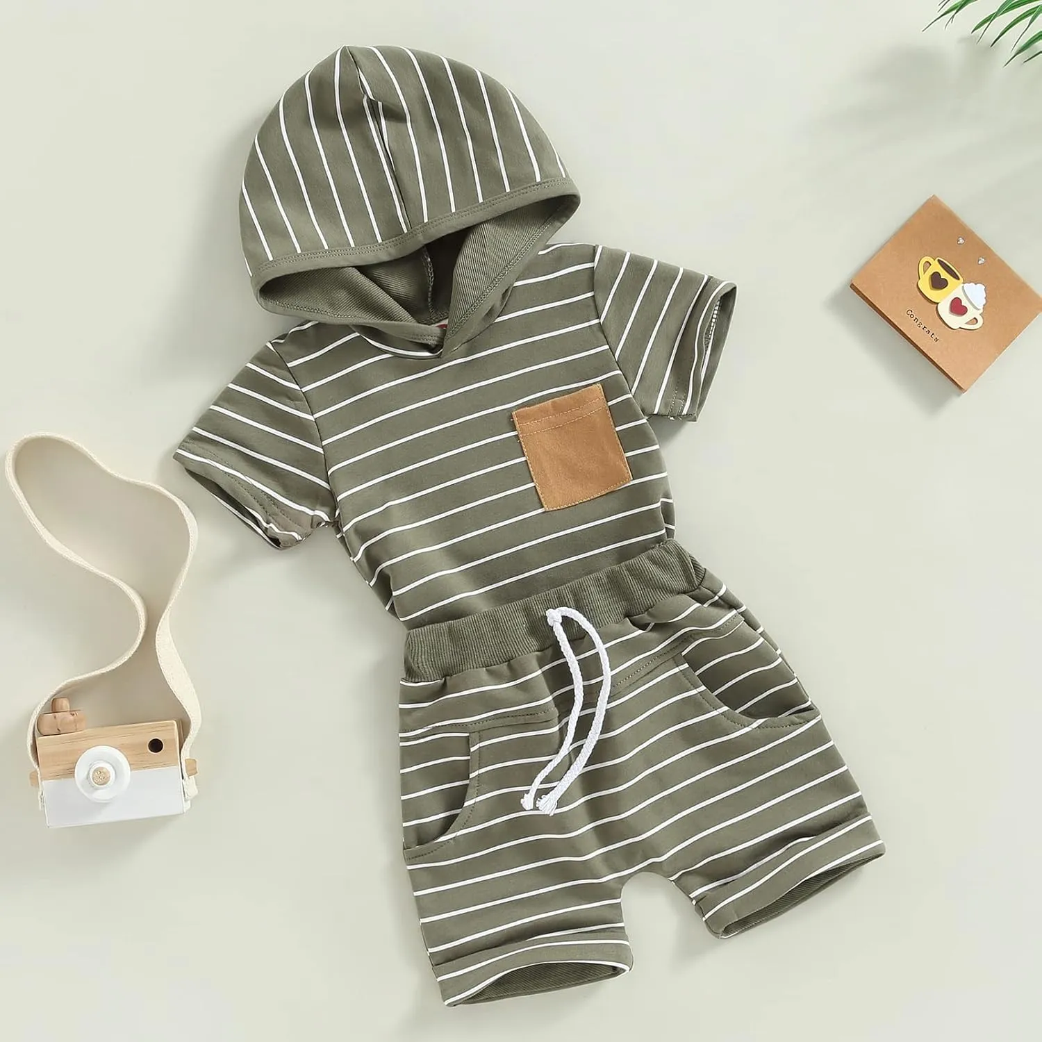 Toddler Boys Summer 2pcs Clothes Sets Hooded Tank Top Striped Shorts Cute Newborn Baby Boy Coming Home Outfit