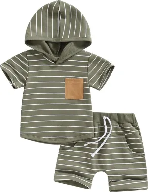 Toddler Boys Summer 2pcs Clothes Sets Hooded Tank Top Striped Shorts Cute Newborn Baby Boy Coming Home Outfit