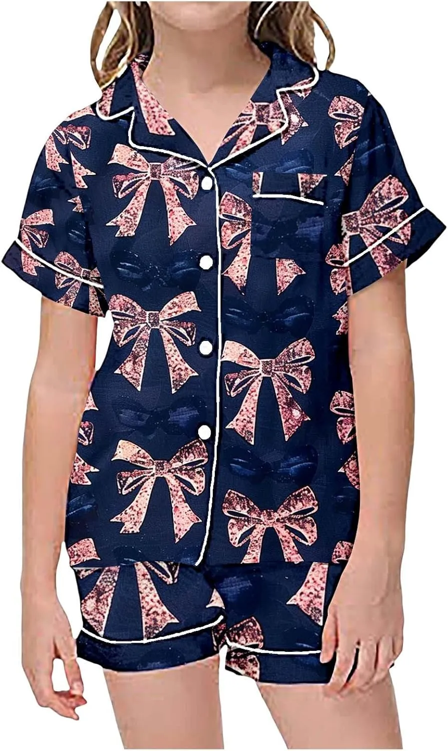 Toddler Kid Baby Boys Girls Pajamas PJS Set Cute Bow Printed Short Sleeve Shirt Shorts 2PCS Sleepwear Clothes