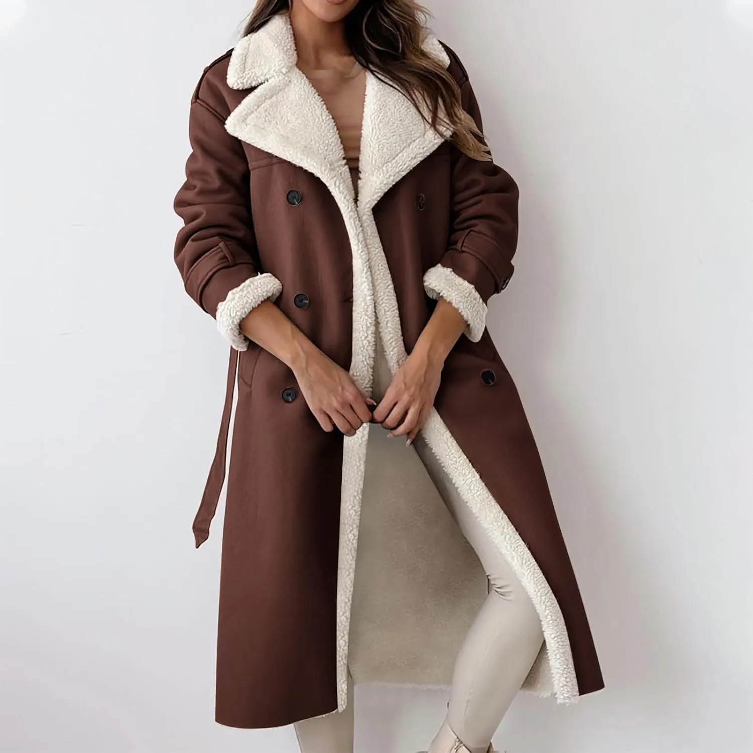 Trench Coat Women Fleece Sherpa Lined Jacket Notch Lapel Double Breasted Jacket with Belt Winter Warm Overcoat
