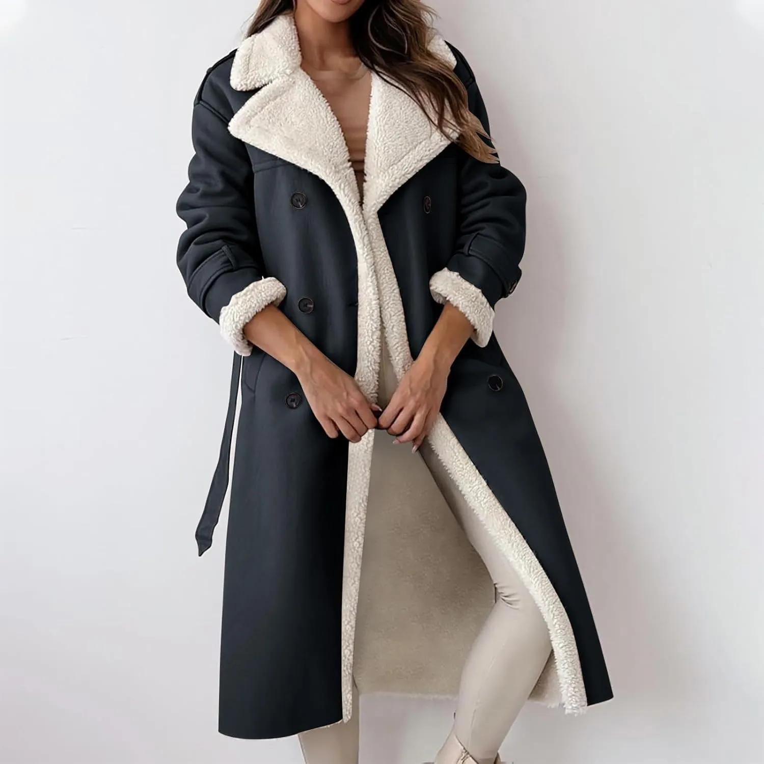 Trench Coat Women Fleece Sherpa Lined Jacket Notch Lapel Double Breasted Jacket with Belt Winter Warm Overcoat