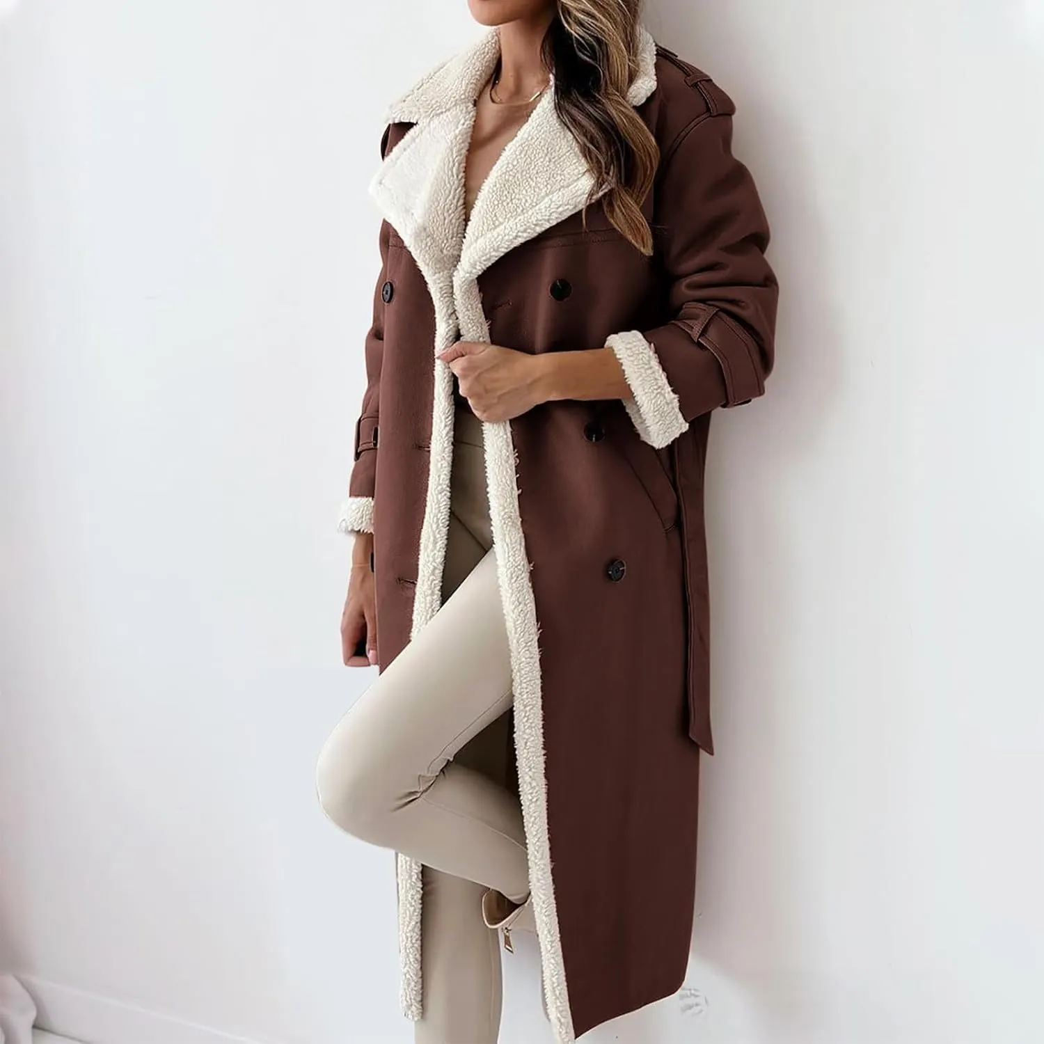 Trench Coat Women Fleece Sherpa Lined Jacket Notch Lapel Double Breasted Jacket with Belt Winter Warm Overcoat