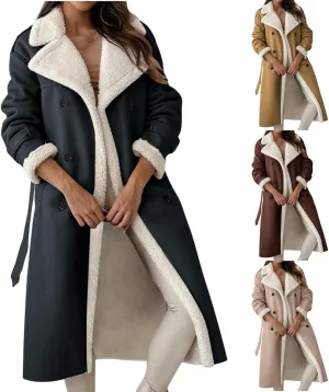 Trench Coat Women Fleece Sherpa Lined Jacket Notch Lapel Double Breasted Jacket with Belt Winter Warm Overcoat