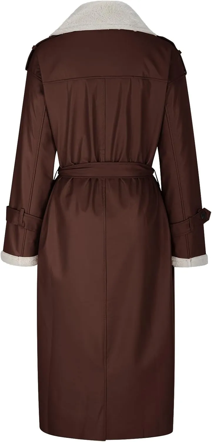 Trench Coat Women Fleece Sherpa Lined Jacket Notch Lapel Double Breasted Jacket with Belt Winter Warm Overcoat
