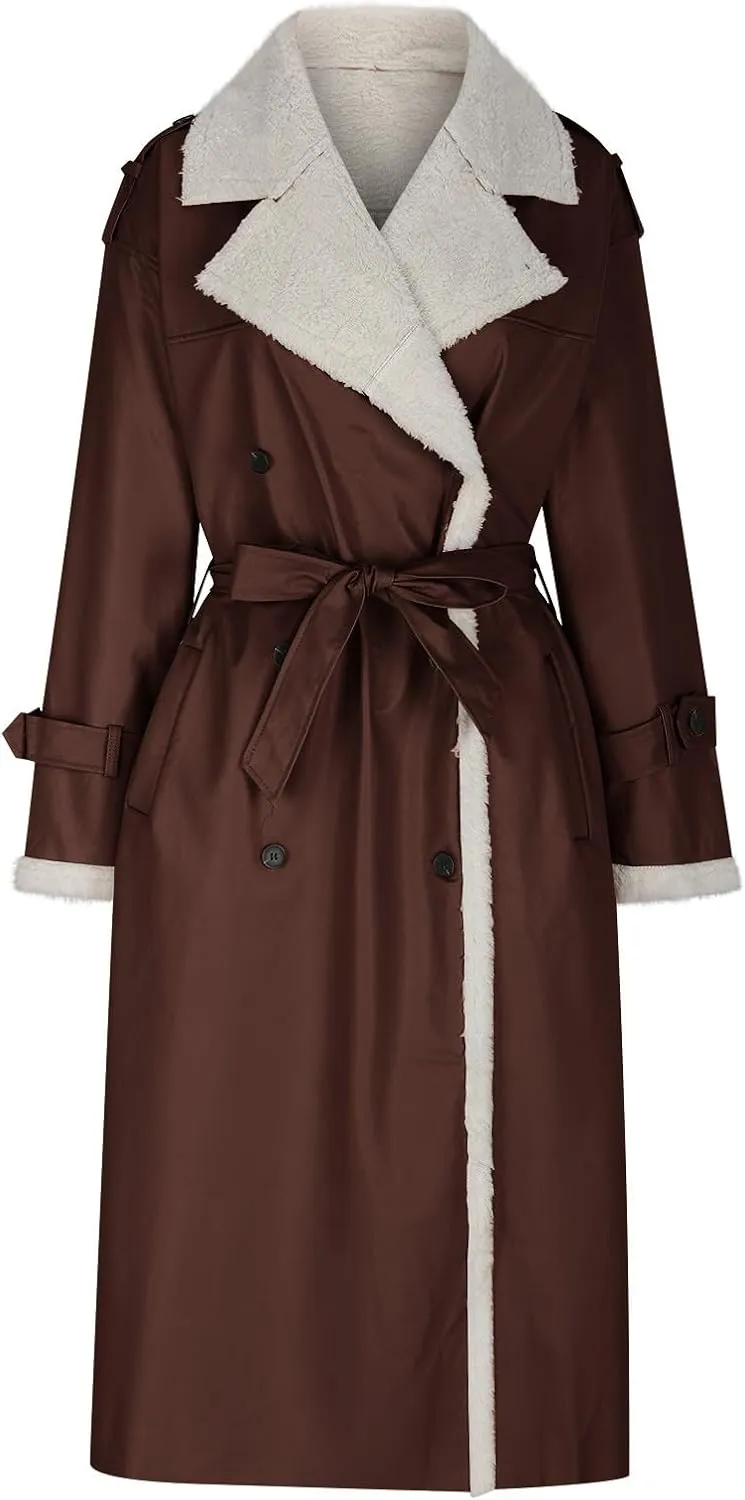 Trench Coat Women Fleece Sherpa Lined Jacket Notch Lapel Double Breasted Jacket with Belt Winter Warm Overcoat