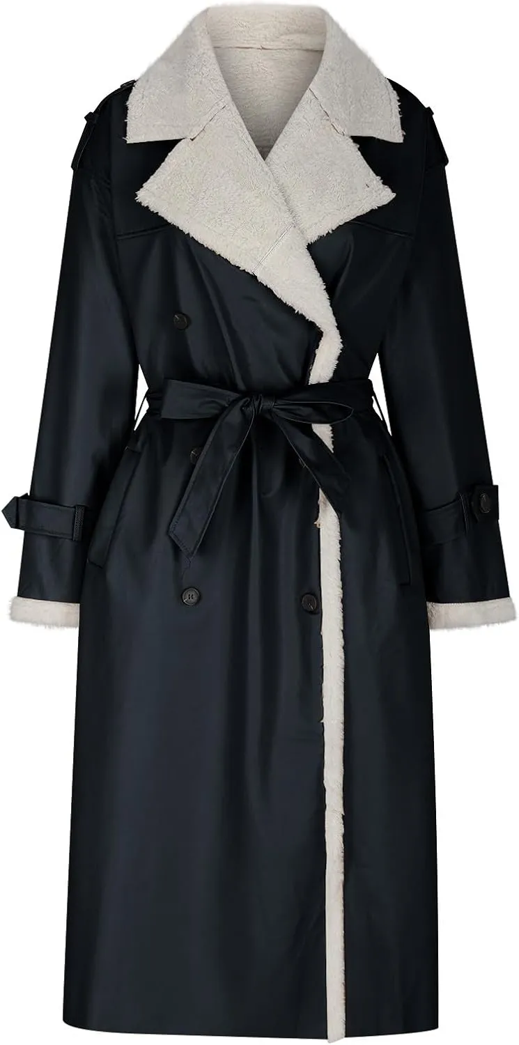 Trench Coat Women Fleece Sherpa Lined Jacket Notch Lapel Double Breasted Jacket with Belt Winter Warm Overcoat