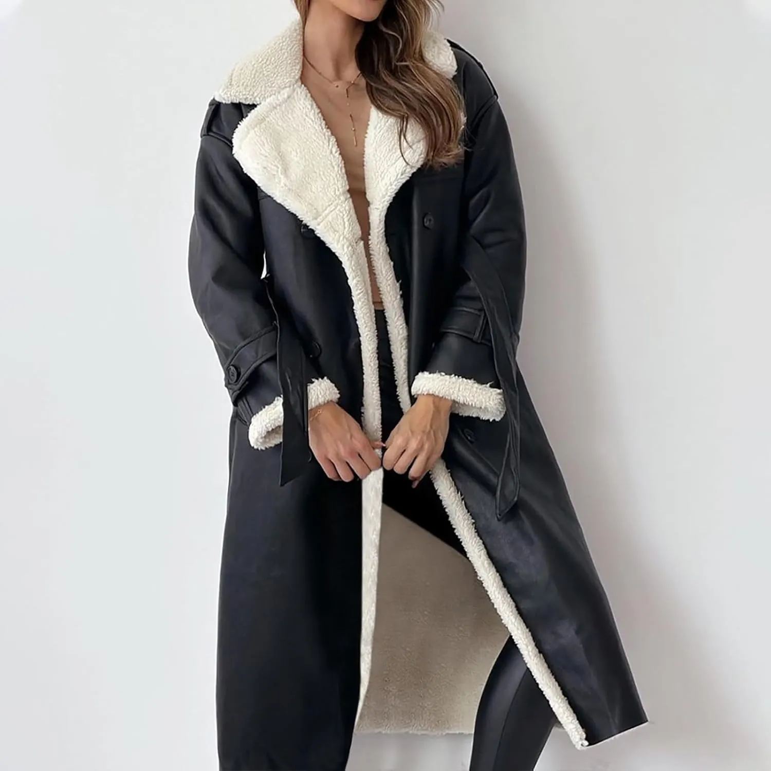 Trench Coat Women Fleece Sherpa Lined Jacket Notch Lapel Double Breasted Jacket with Belt Winter Warm Overcoat