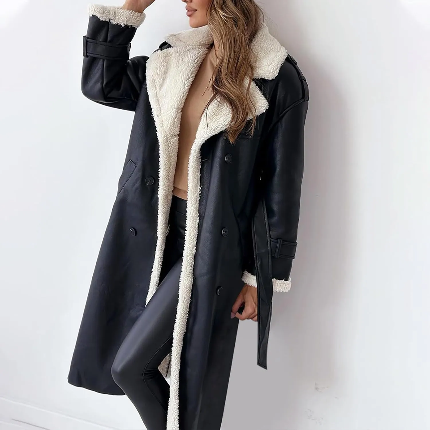 Trench Coat Women Fleece Sherpa Lined Jacket Notch Lapel Double Breasted Jacket with Belt Winter Warm Overcoat