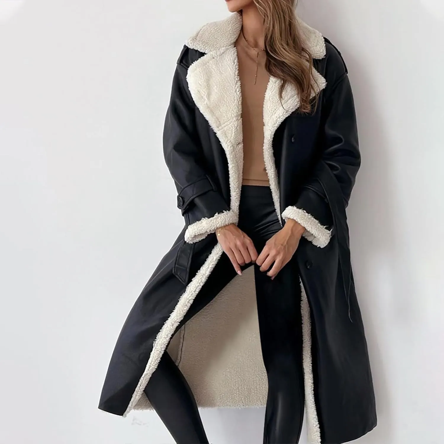 Trench Coat Women Fleece Sherpa Lined Jacket Notch Lapel Double Breasted Jacket with Belt Winter Warm Overcoat