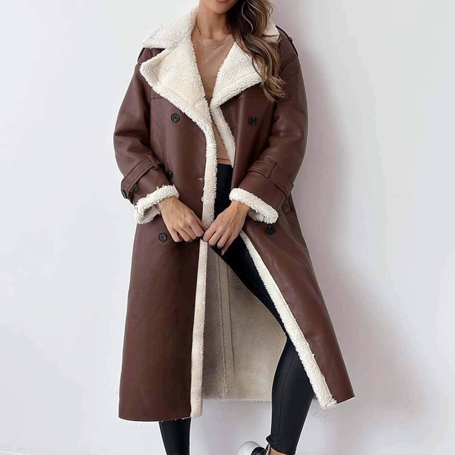 Trench Coat Women Fleece Sherpa Lined Jacket Notch Lapel Double Breasted Jacket with Belt Winter Warm Overcoat