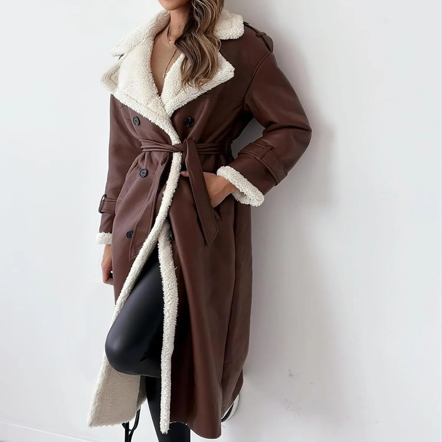 Trench Coat Women Fleece Sherpa Lined Jacket Notch Lapel Double Breasted Jacket with Belt Winter Warm Overcoat