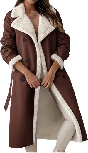 Trench Coat Women Fleece Sherpa Lined Jacket Notch Lapel Double Breasted Jacket with Belt Winter Warm Overcoat