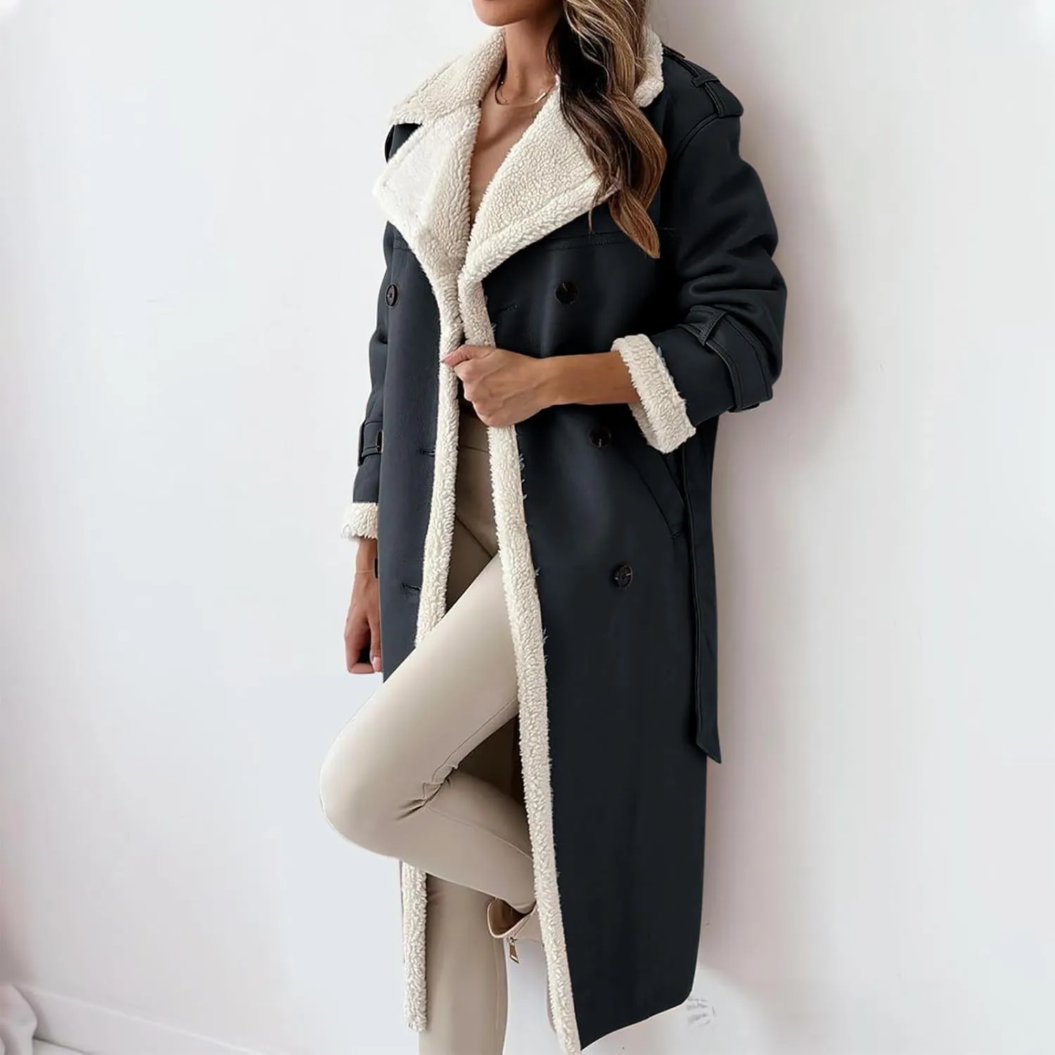 Trench Coat Women Fleece Sherpa Lined Jacket Notch Lapel Double Breasted Jacket with Belt Winter Warm Overcoat