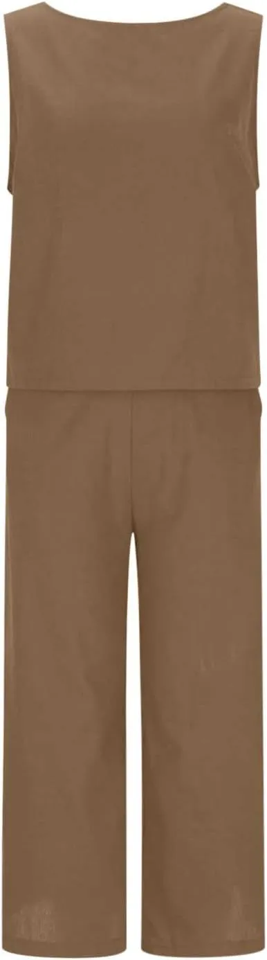 Two Piece Linen Sets for Women 2 Piece Outfits Sets Summer Matching Sets Sleeveless Crop Tops Wide Leg Linen Pant Set