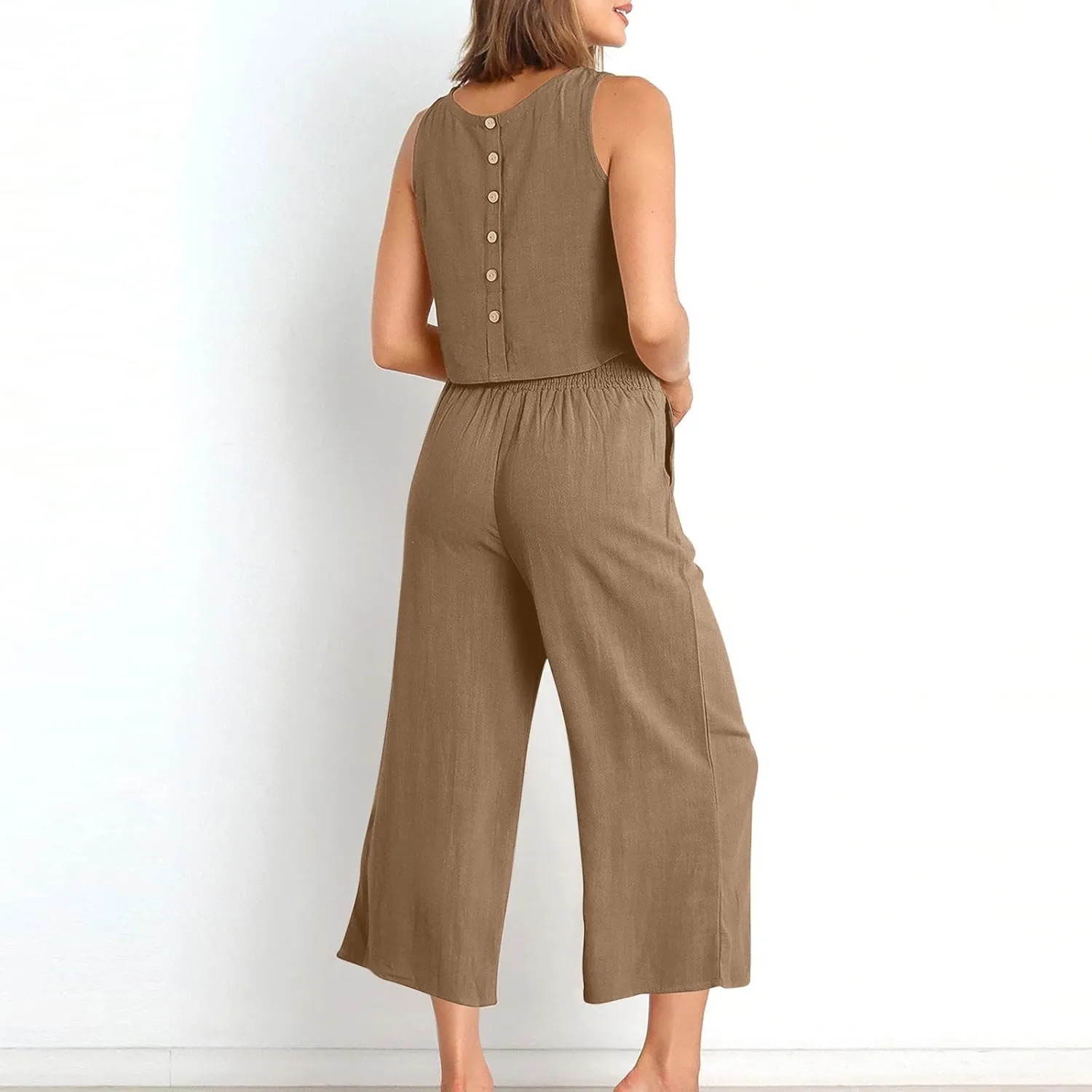 Two Piece Linen Sets for Women 2 Piece Outfits Sets Summer Matching Sets Sleeveless Crop Tops Wide Leg Linen Pant Set