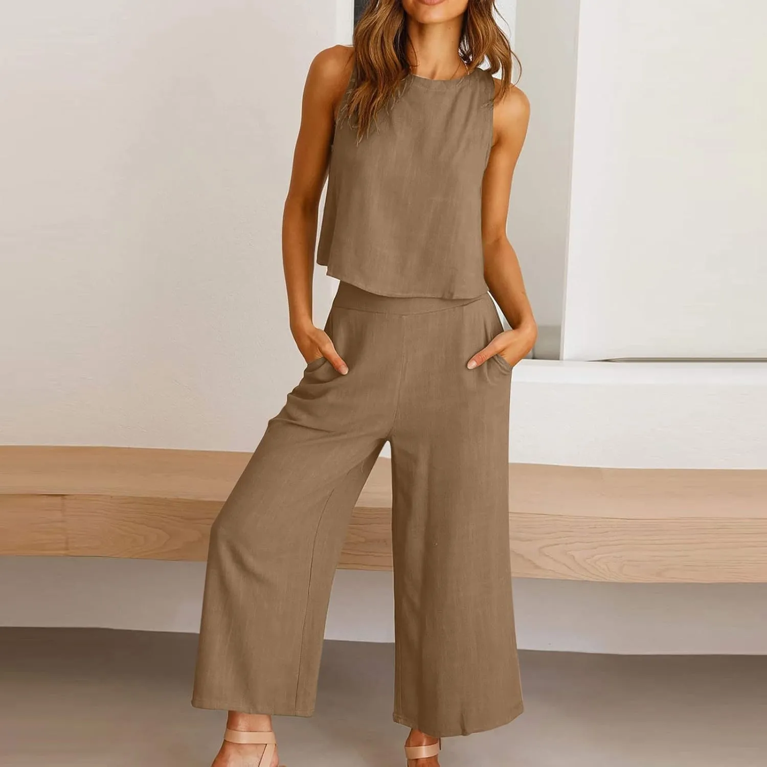 Two Piece Linen Sets for Women 2 Piece Outfits Sets Summer Matching Sets Sleeveless Crop Tops Wide Leg Linen Pant Set