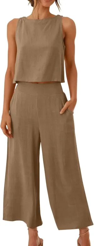 Two Piece Linen Sets for Women 2 Piece Outfits Sets Summer Matching Sets Sleeveless Crop Tops Wide Leg Linen Pant Set