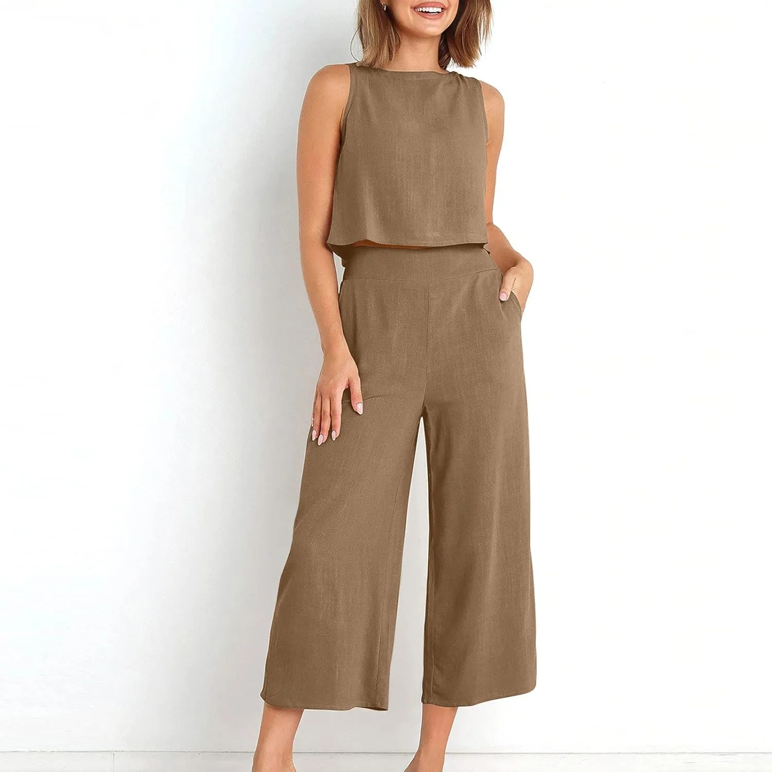 Two Piece Linen Sets for Women 2 Piece Outfits Sets Summer Matching Sets Sleeveless Crop Tops Wide Leg Linen Pant Set