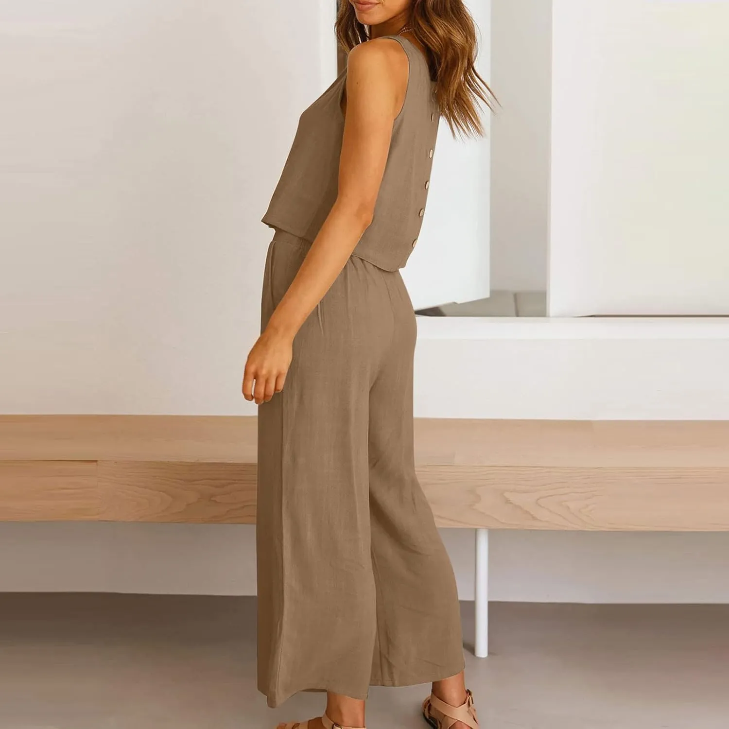 Two Piece Linen Sets for Women 2 Piece Outfits Sets Summer Matching Sets Sleeveless Crop Tops Wide Leg Linen Pant Set