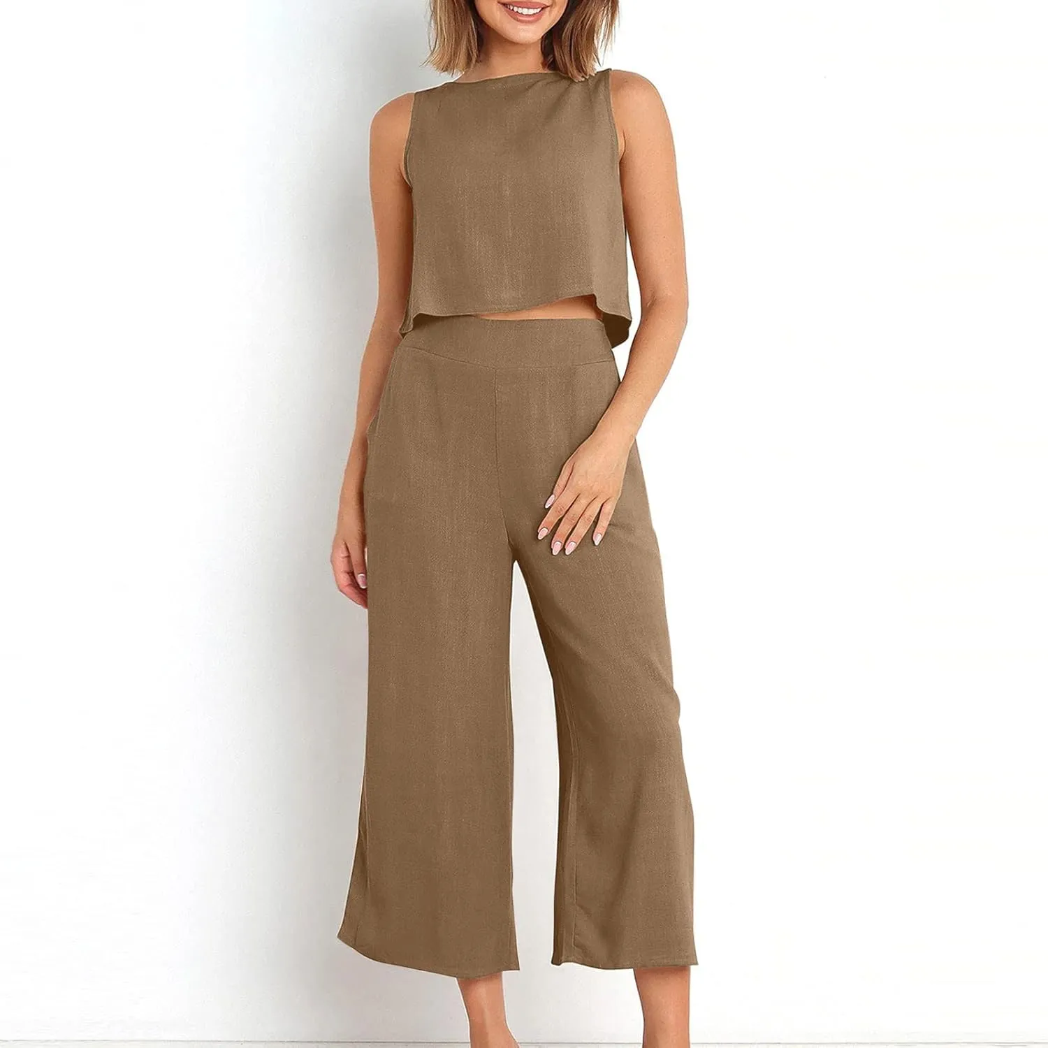 Two Piece Linen Sets for Women 2 Piece Outfits Sets Summer Matching Sets Sleeveless Crop Tops Wide Leg Linen Pant Set
