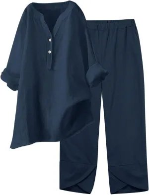 Two Piece Linen Sets for Women Summer Plus Size Capri Sets Casual V Neck Wide Leg Pants Set Loose Fit Linen Matching Sets