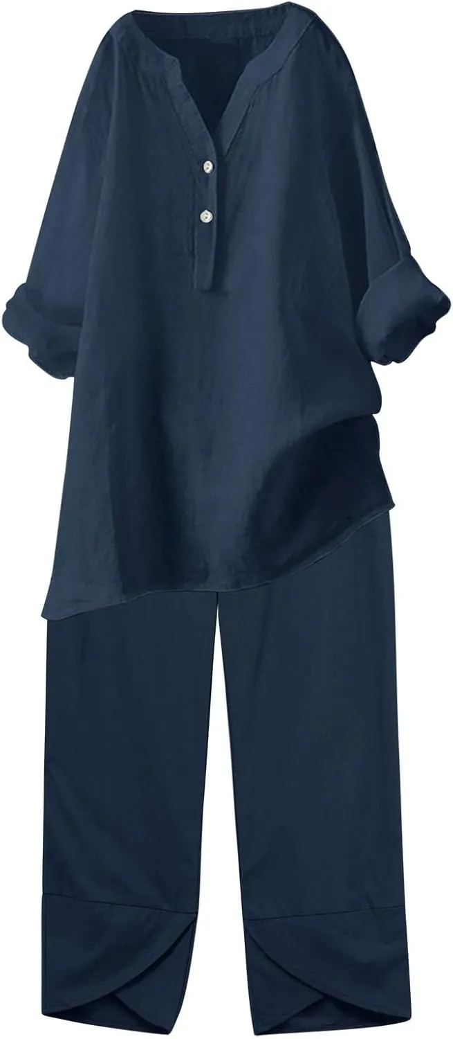 Two Piece Linen Sets for Women Summer Plus Size Capri Sets Casual V Neck Wide Leg Pants Set Loose Fit Linen Matching Sets