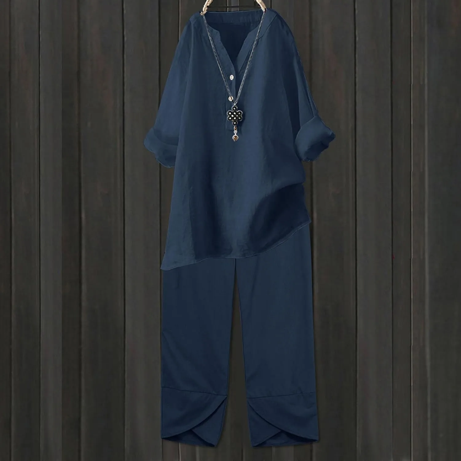 Two Piece Linen Sets for Women Summer Plus Size Capri Sets Casual V Neck Wide Leg Pants Set Loose Fit Linen Matching Sets
