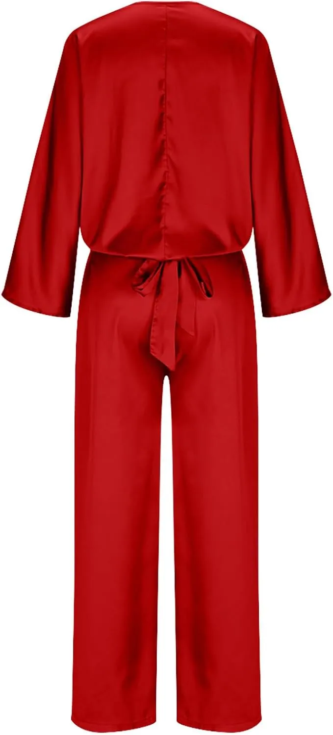Two Piece Sets for Women Dressy Outfits Satin Silk Wrap V Neck Long Sleeve Blouses & Soft Pants Matching Sets