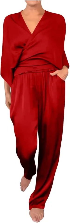 Two Piece Sets for Women Dressy Outfits Satin Silk Wrap V Neck Long Sleeve Blouses & Soft Pants Matching Sets