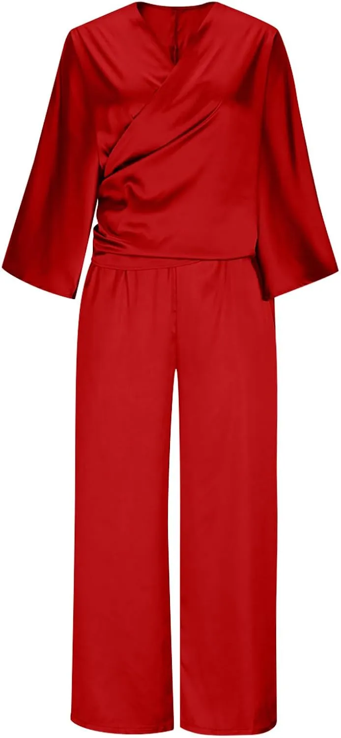 Two Piece Sets for Women Dressy Outfits Satin Silk Wrap V Neck Long Sleeve Blouses & Soft Pants Matching Sets