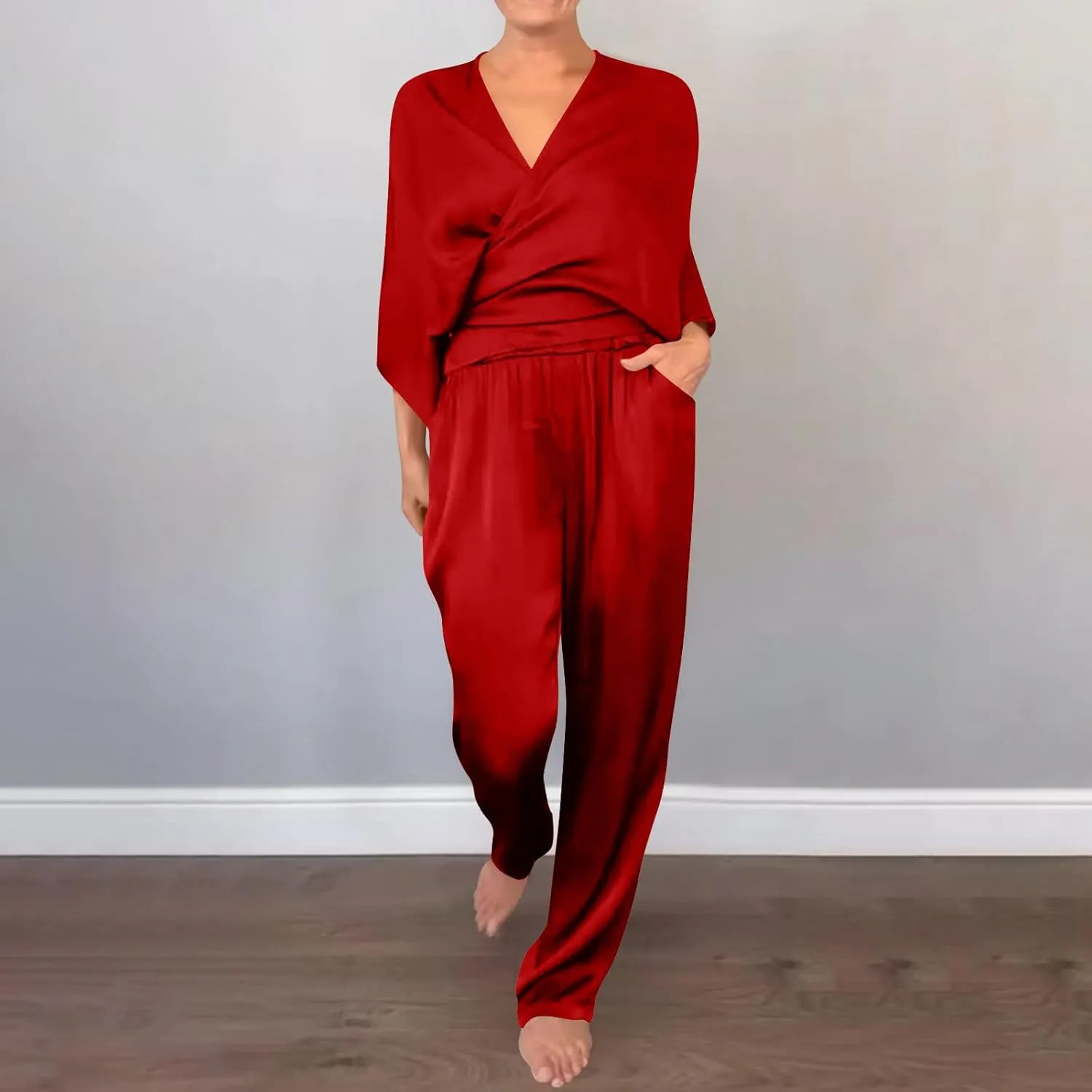 Two Piece Sets for Women Dressy Outfits Satin Silk Wrap V Neck Long Sleeve Blouses & Soft Pants Matching Sets