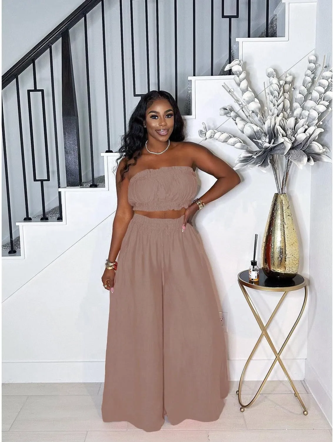 Two Piece Sets for Women Summer Outfits Crop Tops and Wide Leg Pants Sets Sexy Jumpsuits Vacation Outfits with Pockets