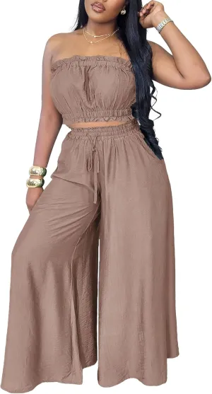 Two Piece Sets for Women Summer Outfits Crop Tops and Wide Leg Pants Sets Sexy Jumpsuits Vacation Outfits with Pockets