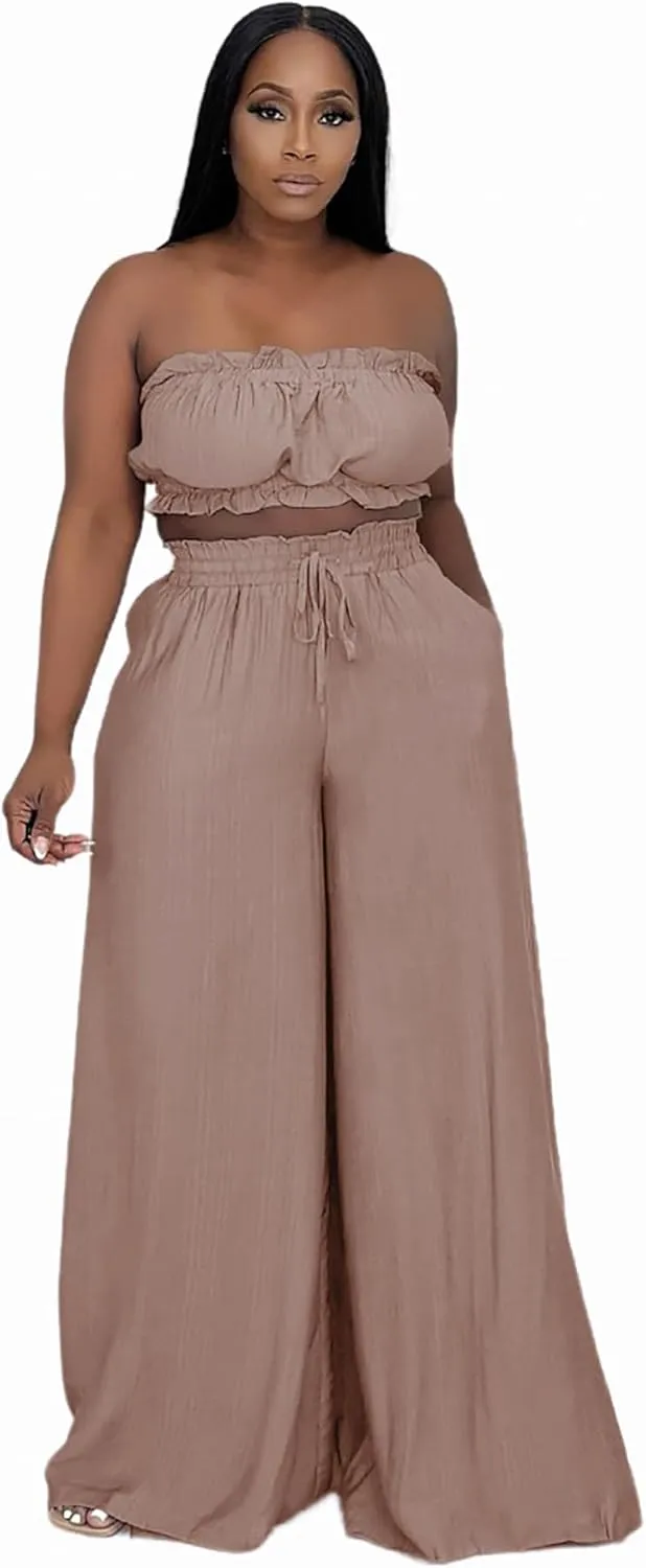 Two Piece Sets for Women Summer Outfits Crop Tops and Wide Leg Pants Sets Sexy Jumpsuits Vacation Outfits with Pockets