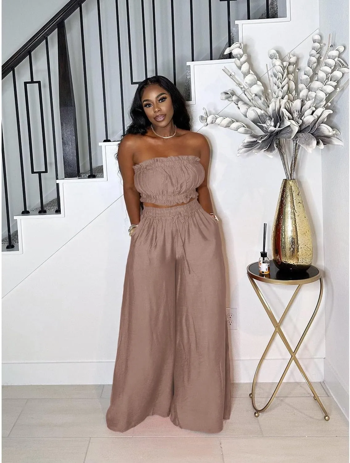 Two Piece Sets for Women Summer Outfits Crop Tops and Wide Leg Pants Sets Sexy Jumpsuits Vacation Outfits with Pockets